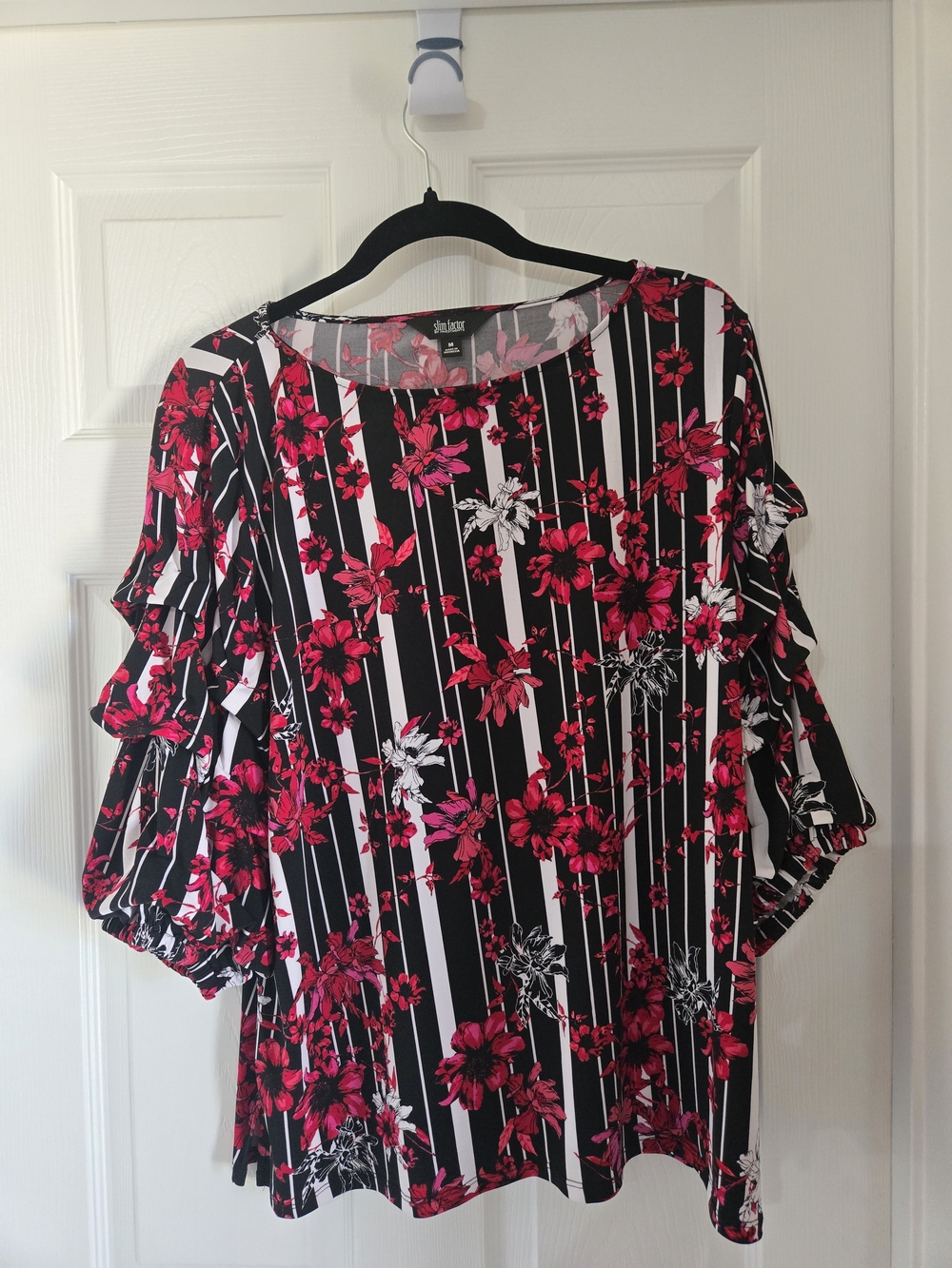 Investments Black & White Striped Blouse with Fuchsia Floral Print
